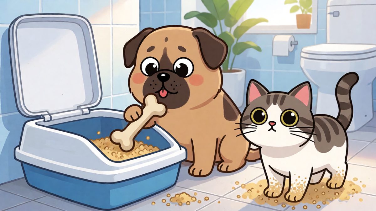 狗狗埋骨头在猫砂盆，猫咪崩溃