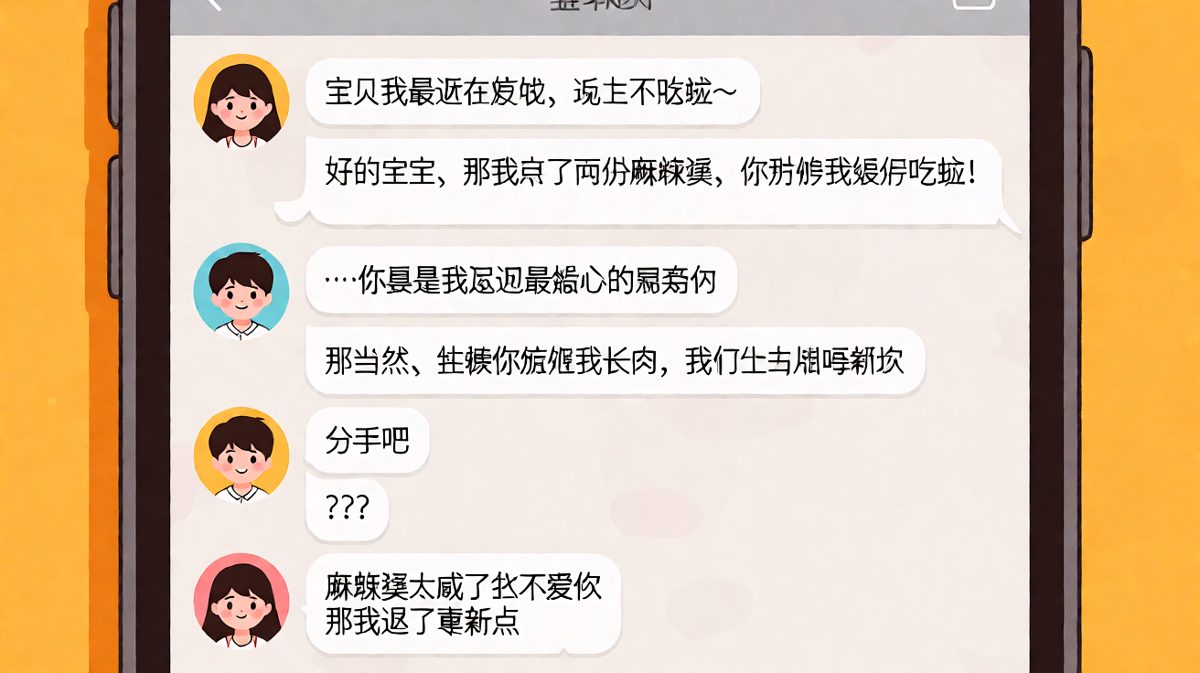 女生假装减肥，男生反向操作点两份麻辣烫，最后因为咸淡分手又复合的爆笑日常