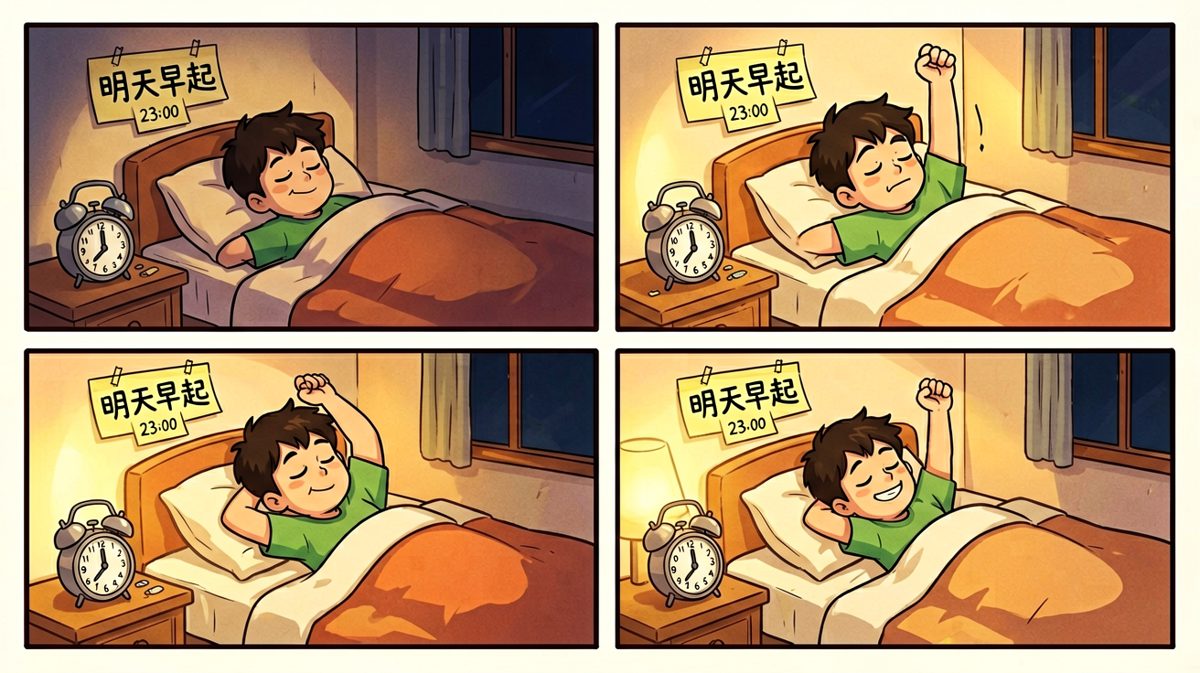 主人公雄心勃勃发誓明天一定早起。