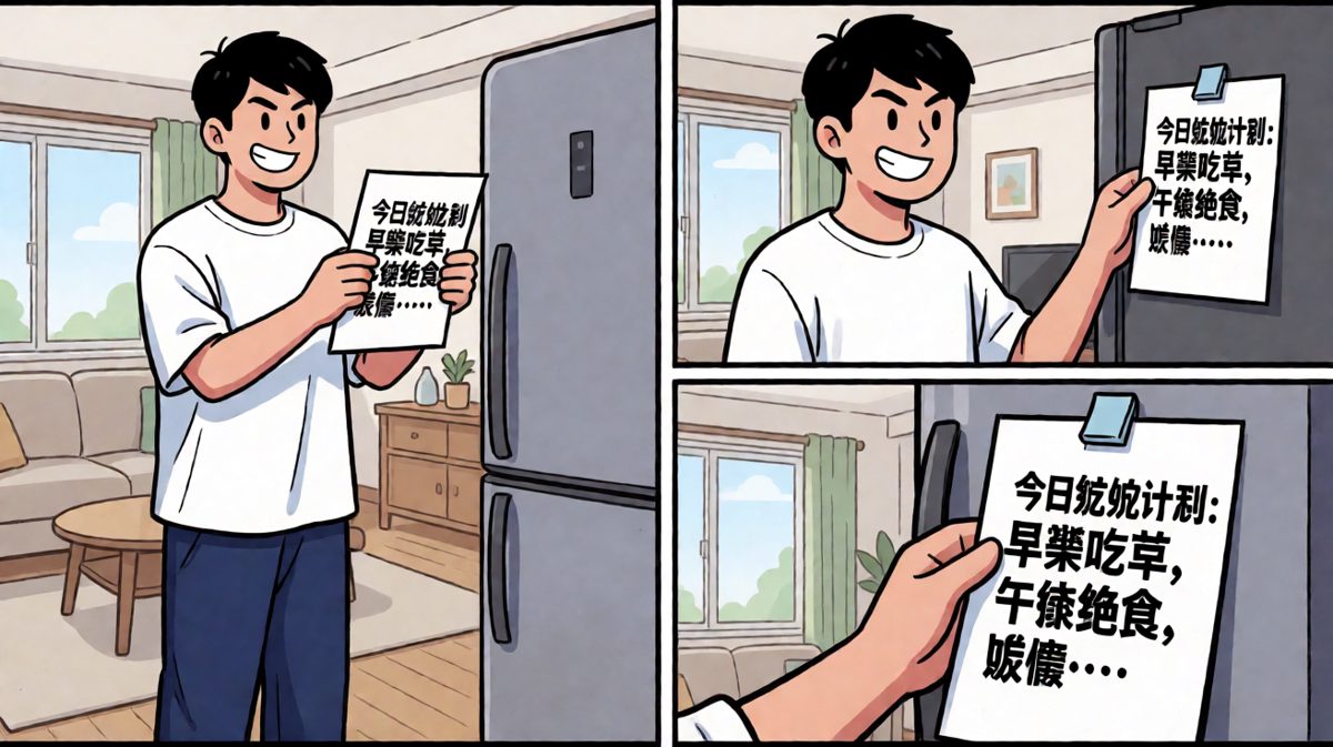 雄心壮志的早晨，贴出减肥计划。
