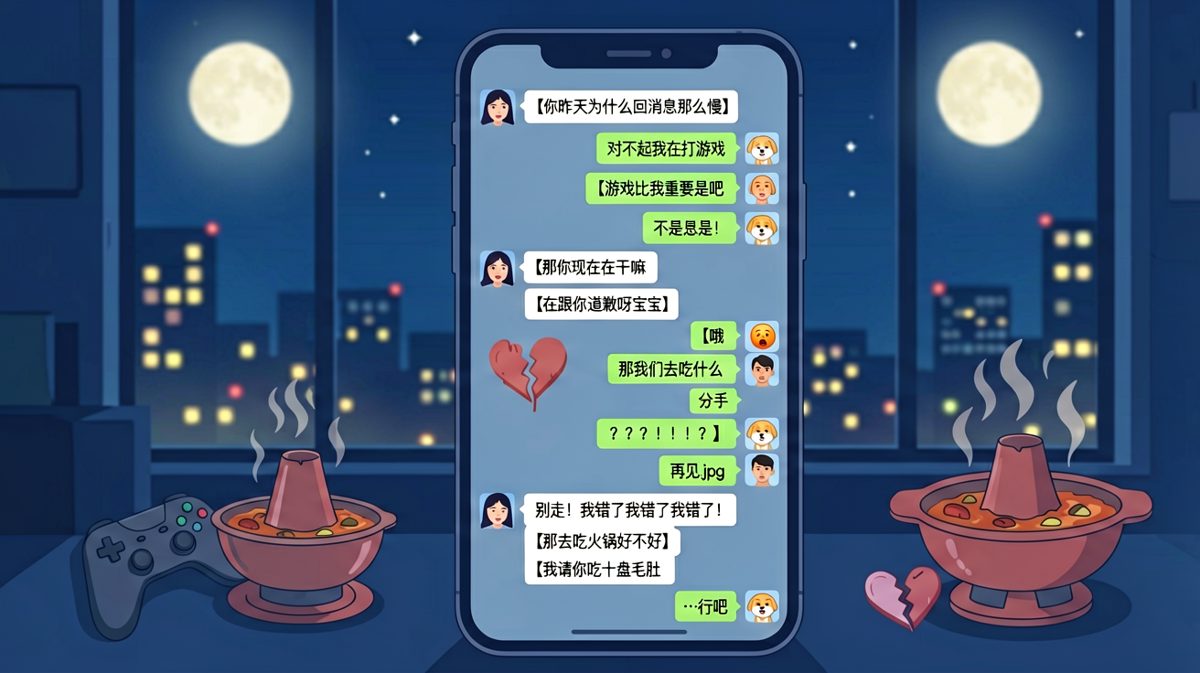 一句'分手'试探之后，男生靠十盘毛肚成功挽回，爱情终究敌不过火锅。