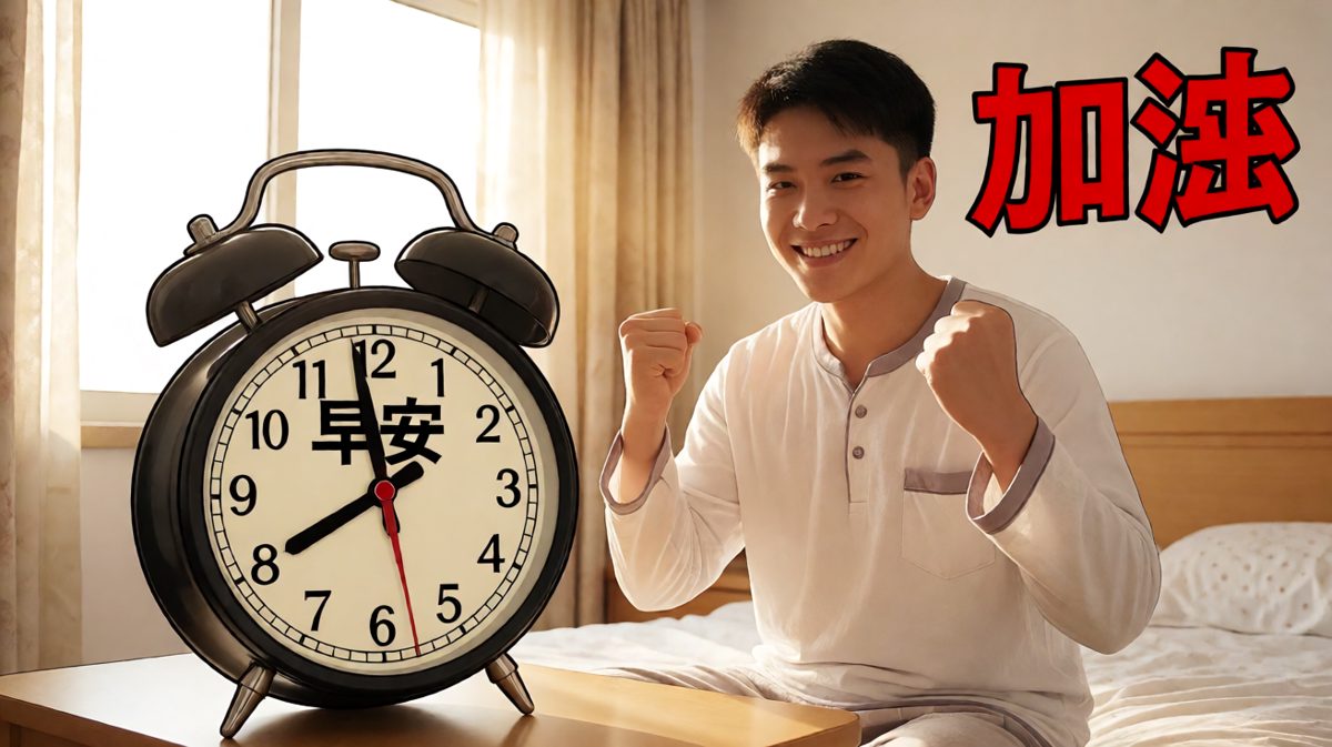 第一格：闹钟响起，打工人信心满满地迎接周一早晨