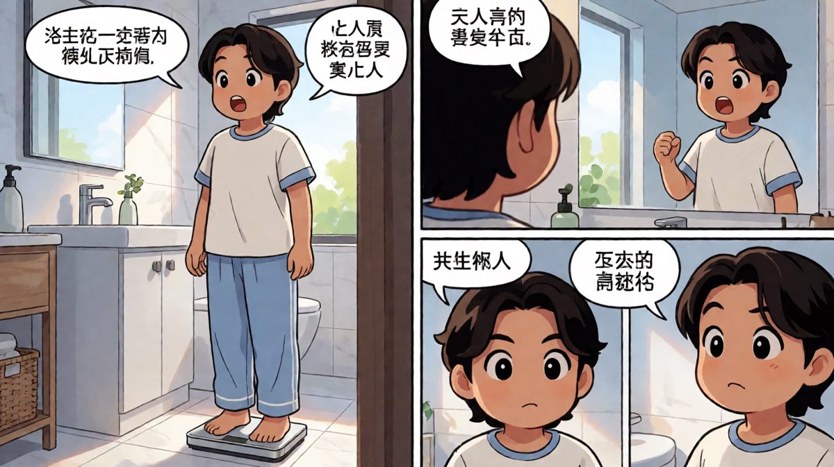 早上称重后，主人公拍胸脯立下减肥Flag。