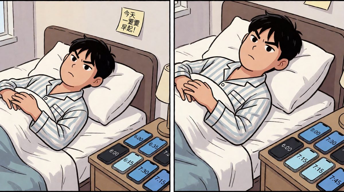 主角信心满满，给每个闹钟都设了不同时间，誓要战胜懒惰。