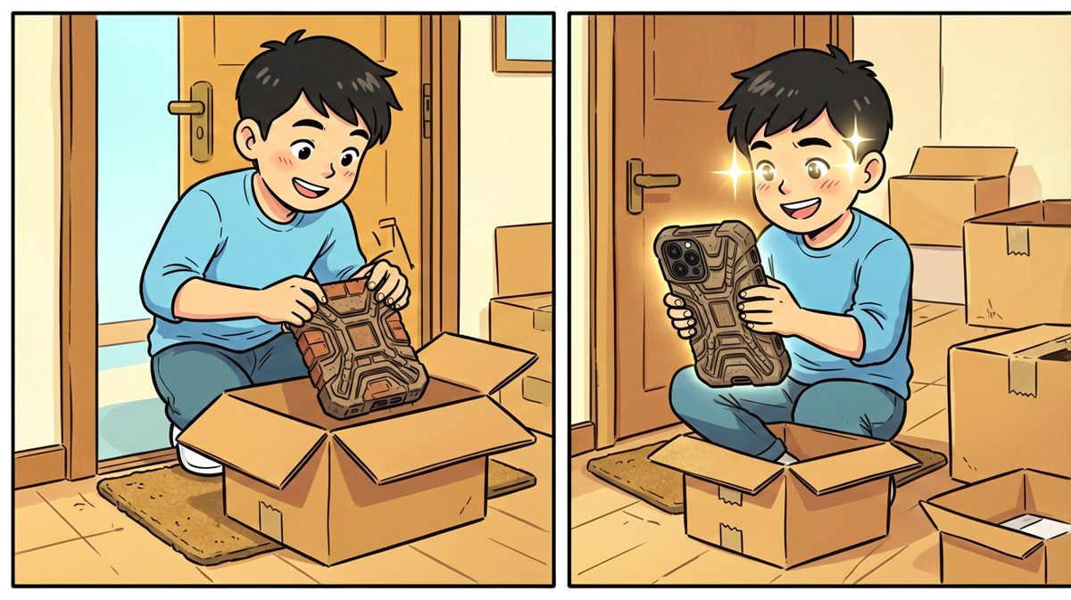 快递到货，厚实到离谱的手机壳让小明非常满意。