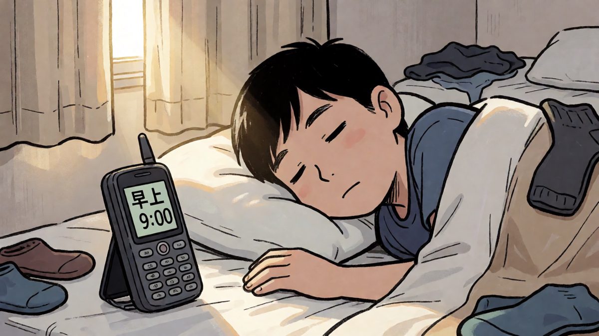 闹钟响了，主角还在呼呼大睡。