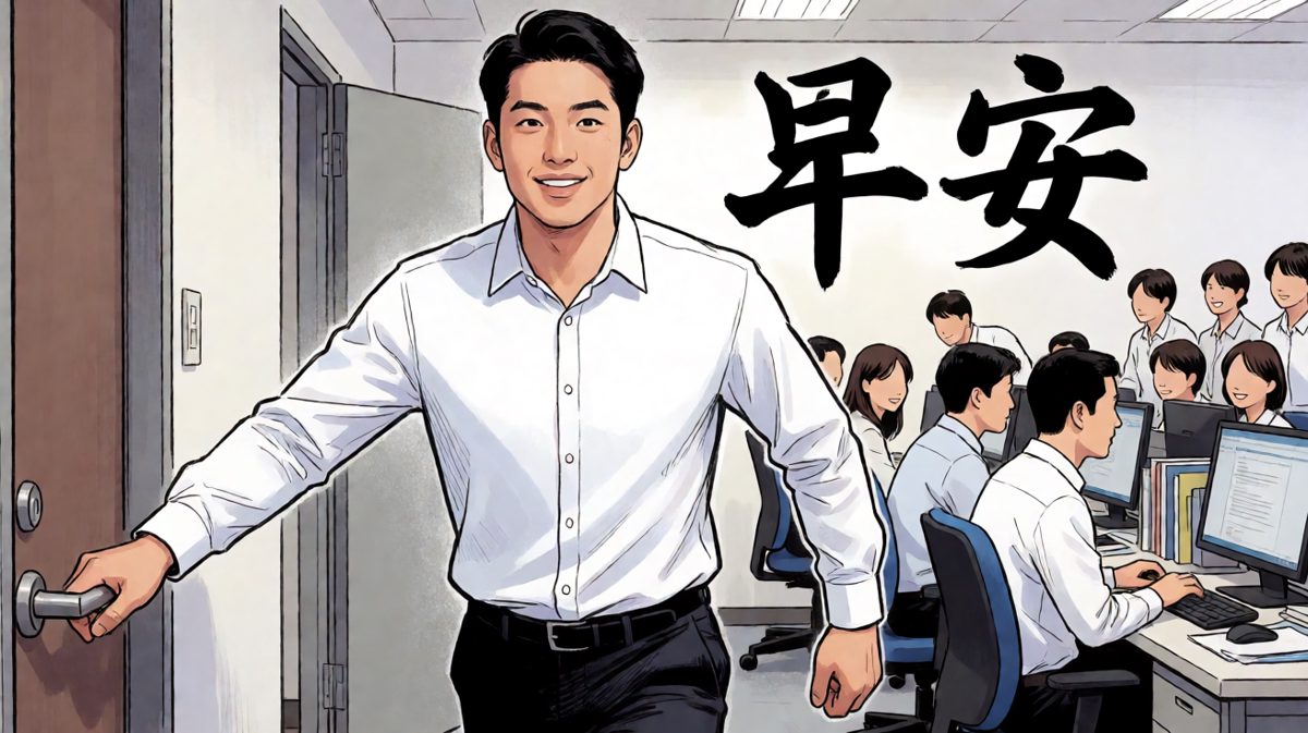 主角自信满满走进公司向大家问好。