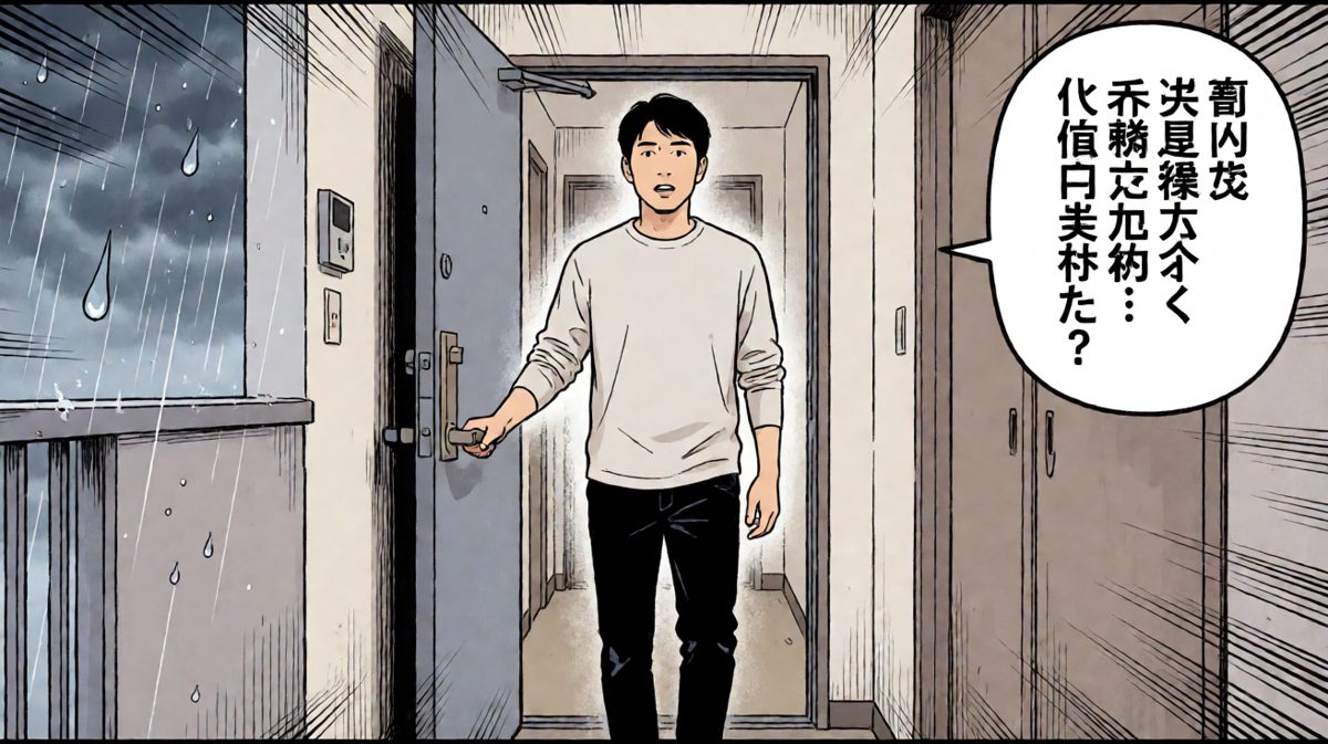 第2格：打开门的一瞬间，发现自己竟然没带伞！