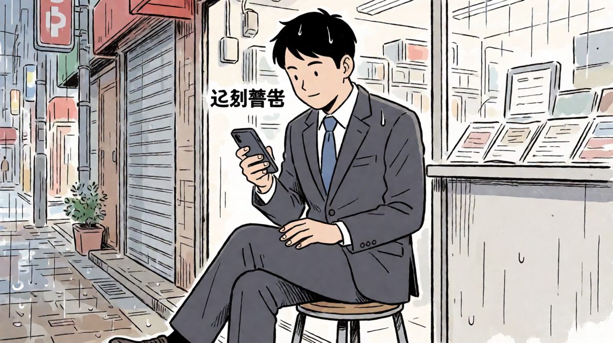 第3格：躲雨等雨停，结果一看时间——已经迟到了。