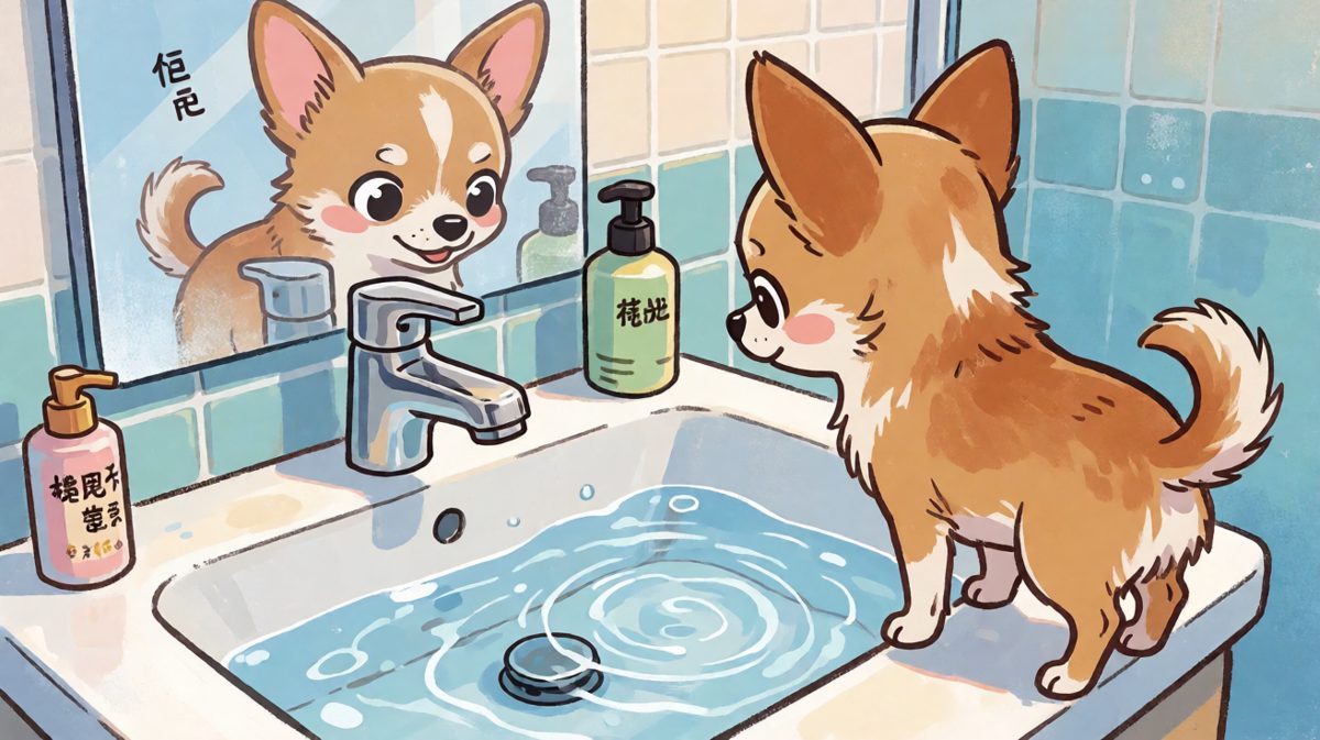 狗狗：水里那只狗是谁？！快放我出去！
