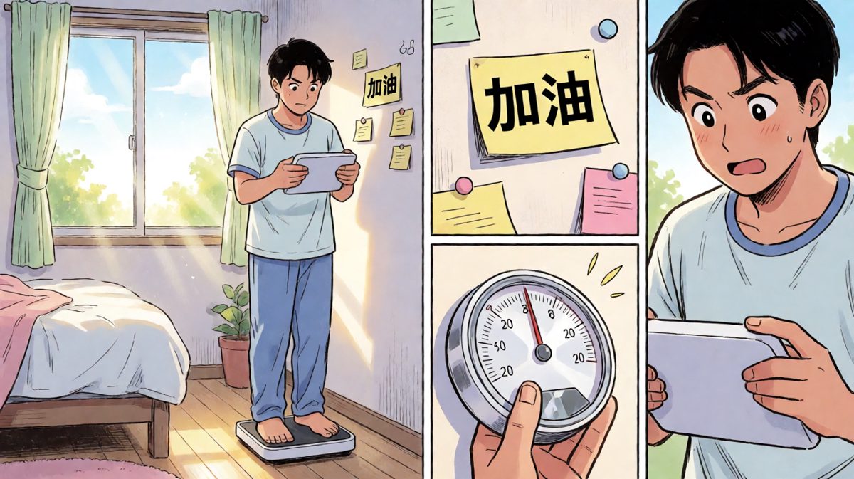 主人公早起称体重，立誓今天开始减肥。