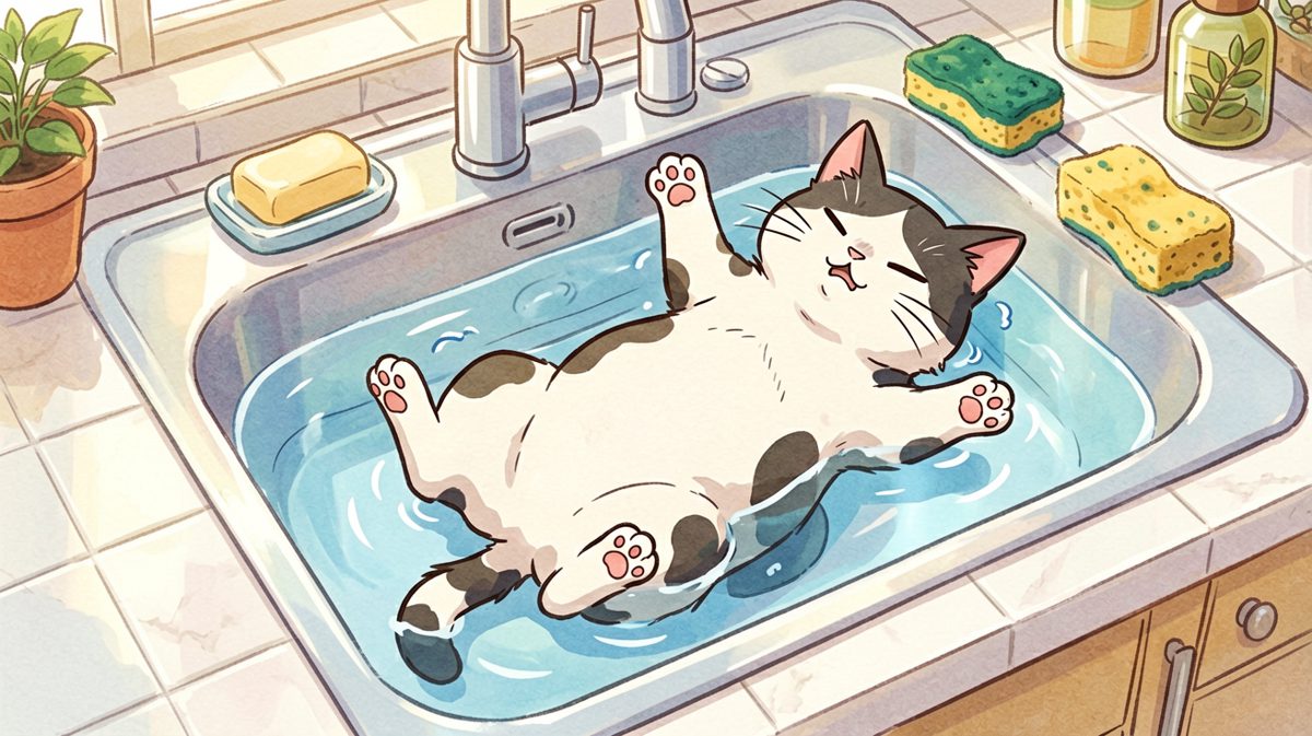猫：这水槽，我包了！今晚睡这儿！