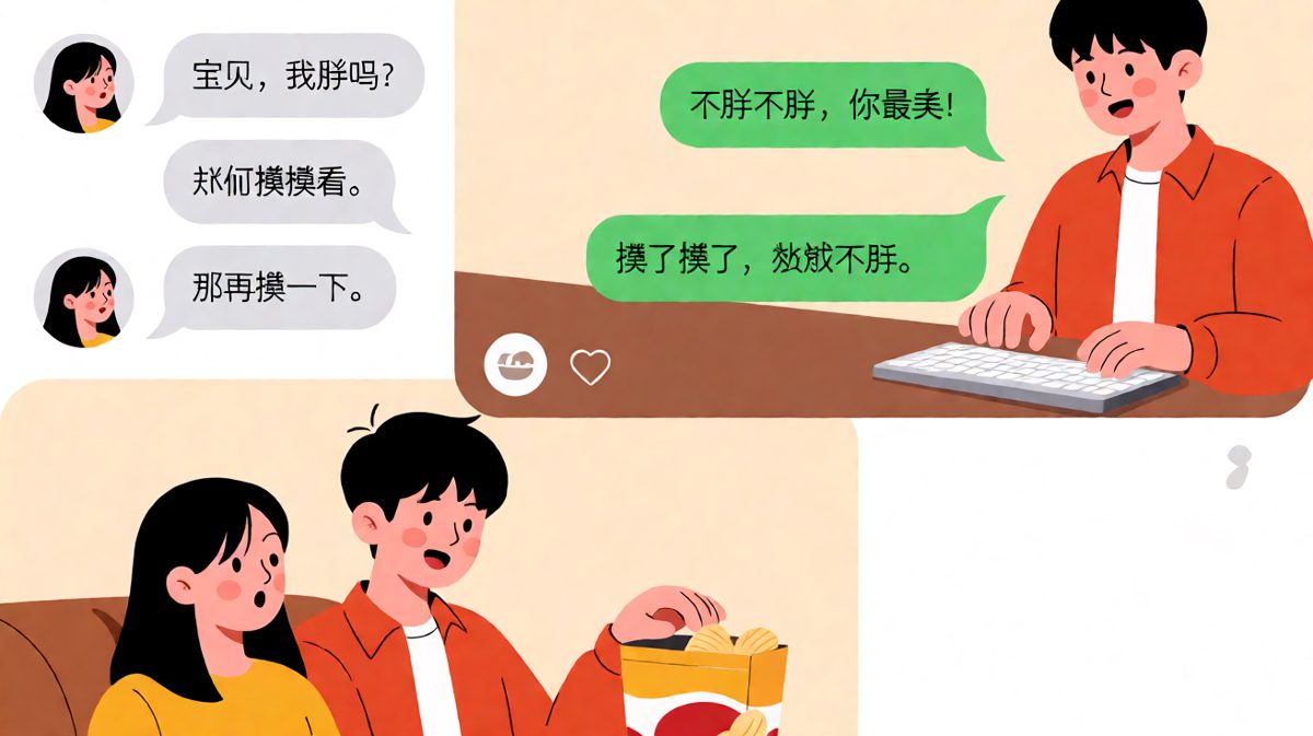 女生让男生摸肚子验证胖不胖，结果男生偷偷在吃薯片
