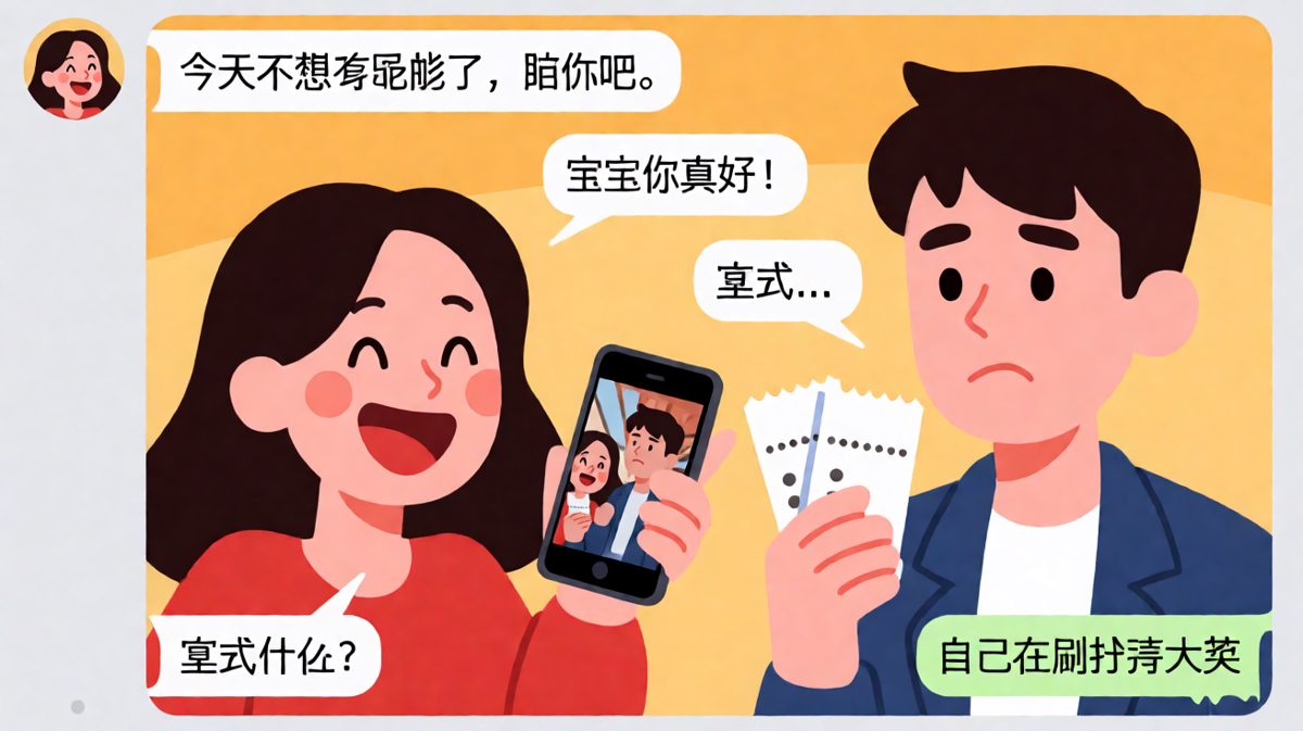 女生说不想陪男生看电影，结果一直在刷手机