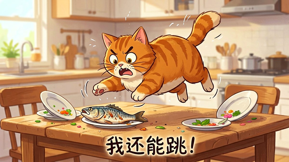 橘猫跳桌翻车现场，嘴硬身体很诚实
