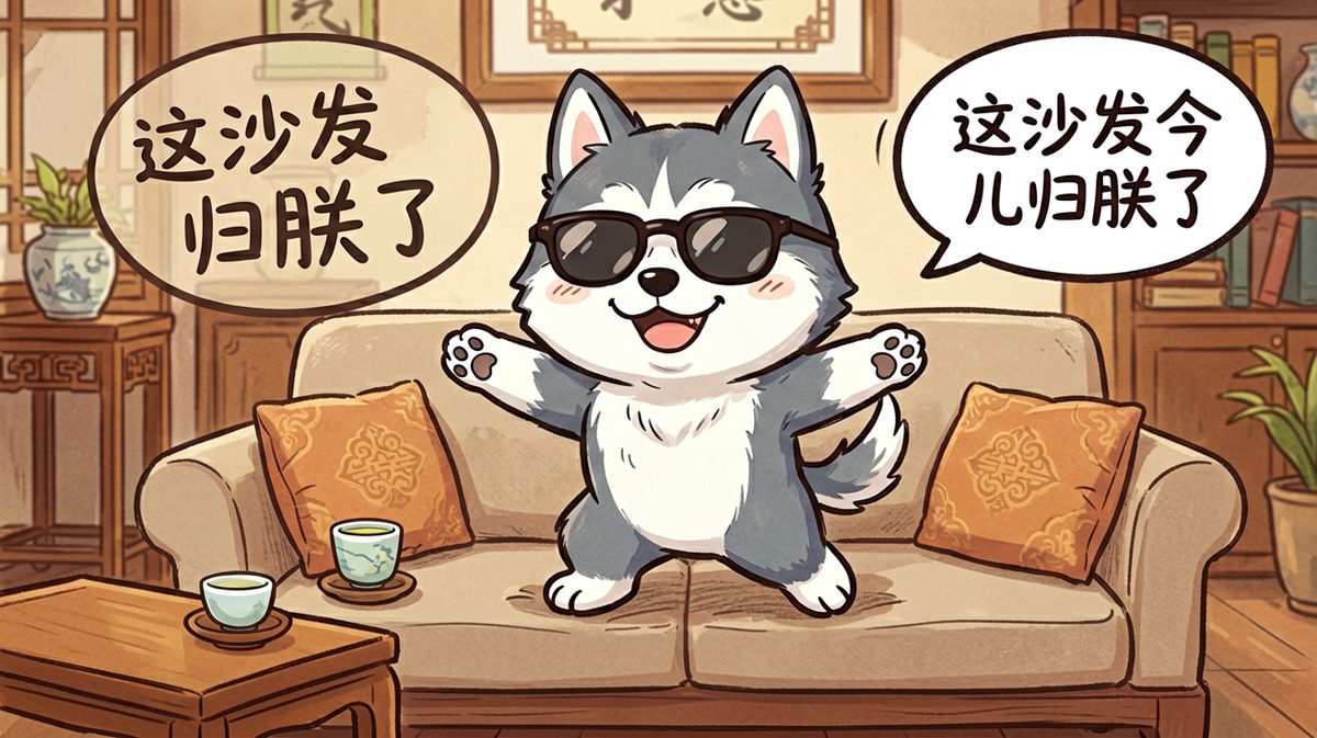 哈士奇霸占沙发的霸气姿态，墨镜一戴谁都不爱