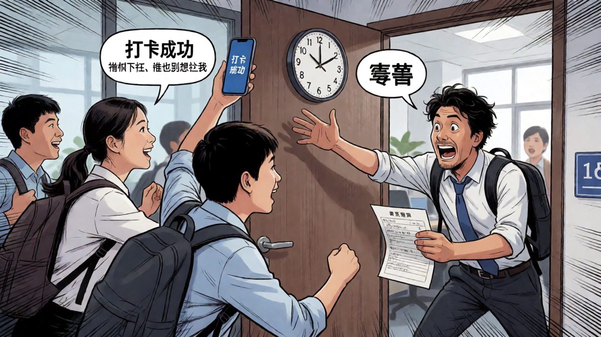 老板：等等！你们走这么早……那我今天的行程怎么办？员工：老板，您上周五签的调休单啊！