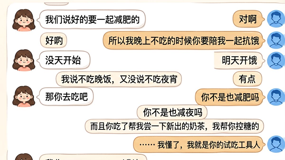 减肥承诺最终变成了男友专属试吃岗，逻辑满分，翻车也满分。