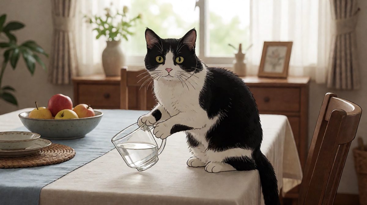 猫：我只是想帮你检查杯子有没有放稳，绝对不是故意的。