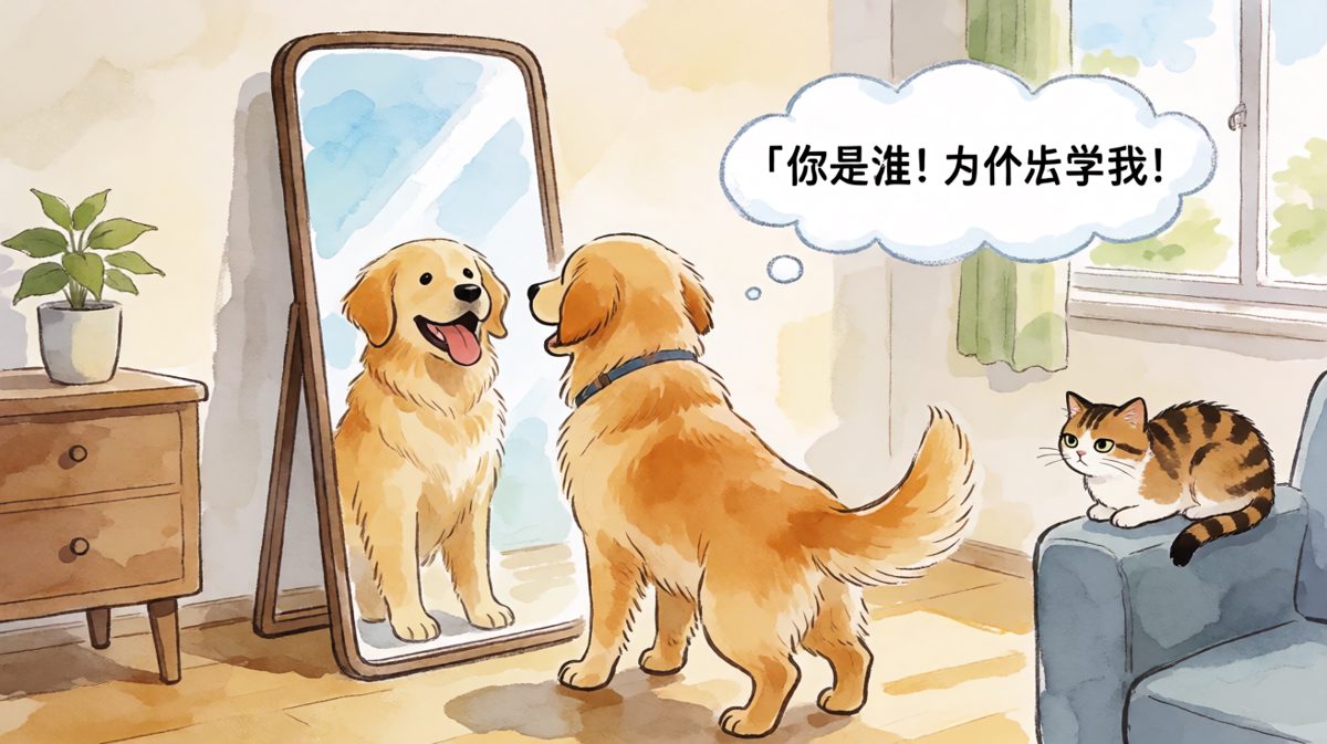 狗狗第一次见到镜子时，以为家里来了个不知好歹的模仿者。