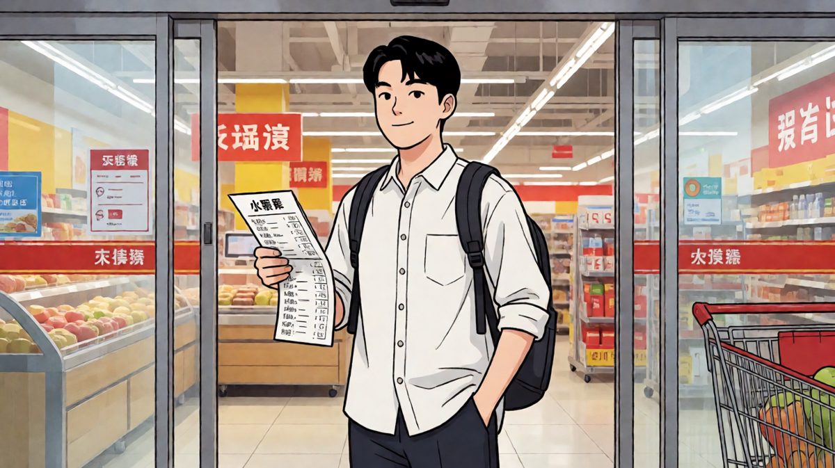 小明自信满满走进超市