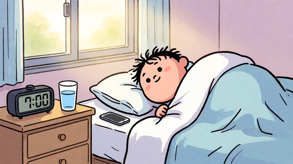 闹钟响了，主角死死抱住被子不肯起床。