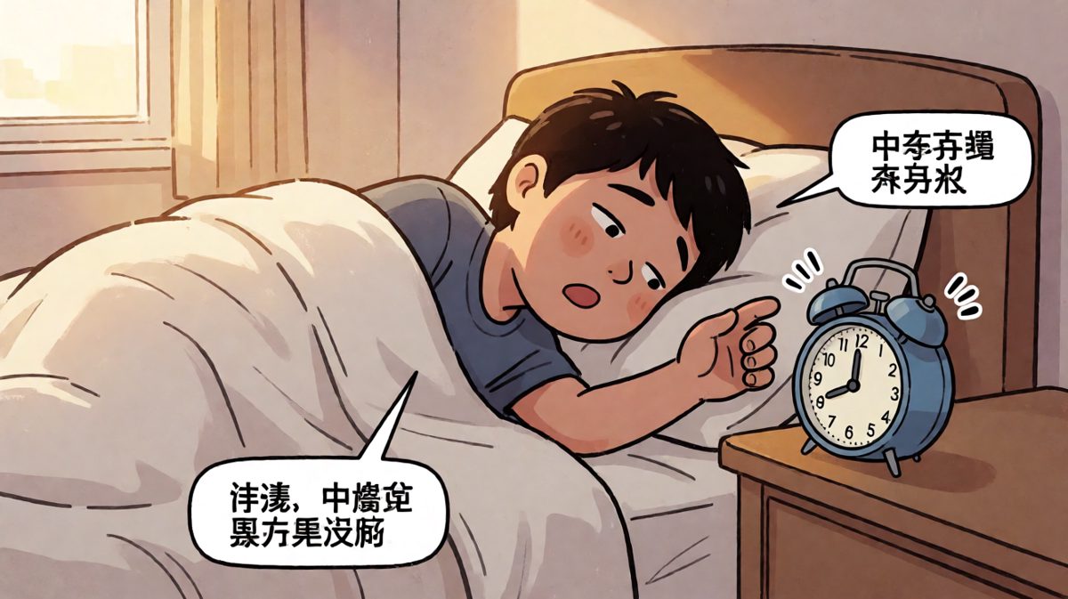 主角伸手关闹钟，结果又睡着了。