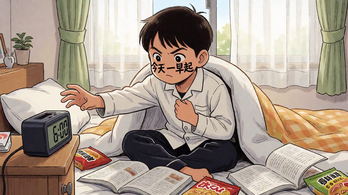 闹钟响起，少年信誓旦旦决定今天要早起。