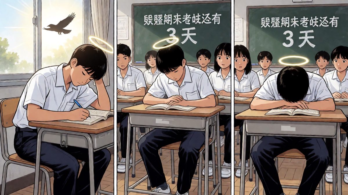到了课堂上，少年已经进入了深度睡眠状态。