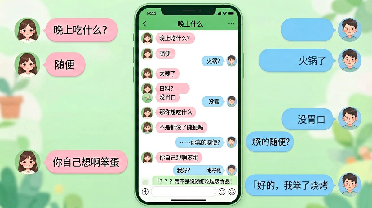 经典的「随便」陷阱，男生每一步都踩雷，女生最后的爆发让人笑喷