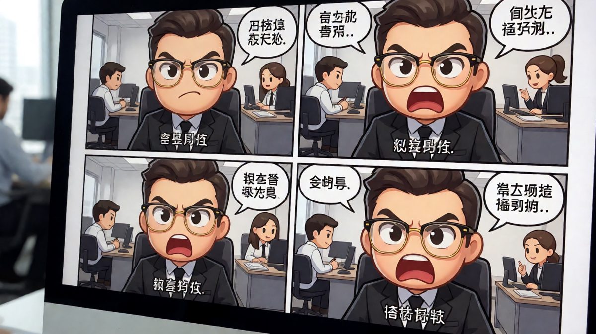老板隔着屏幕一脸怀疑地审视着主角的演技