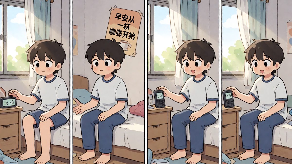 闹钟响起，社畜小李痛苦挣扎着起床。
