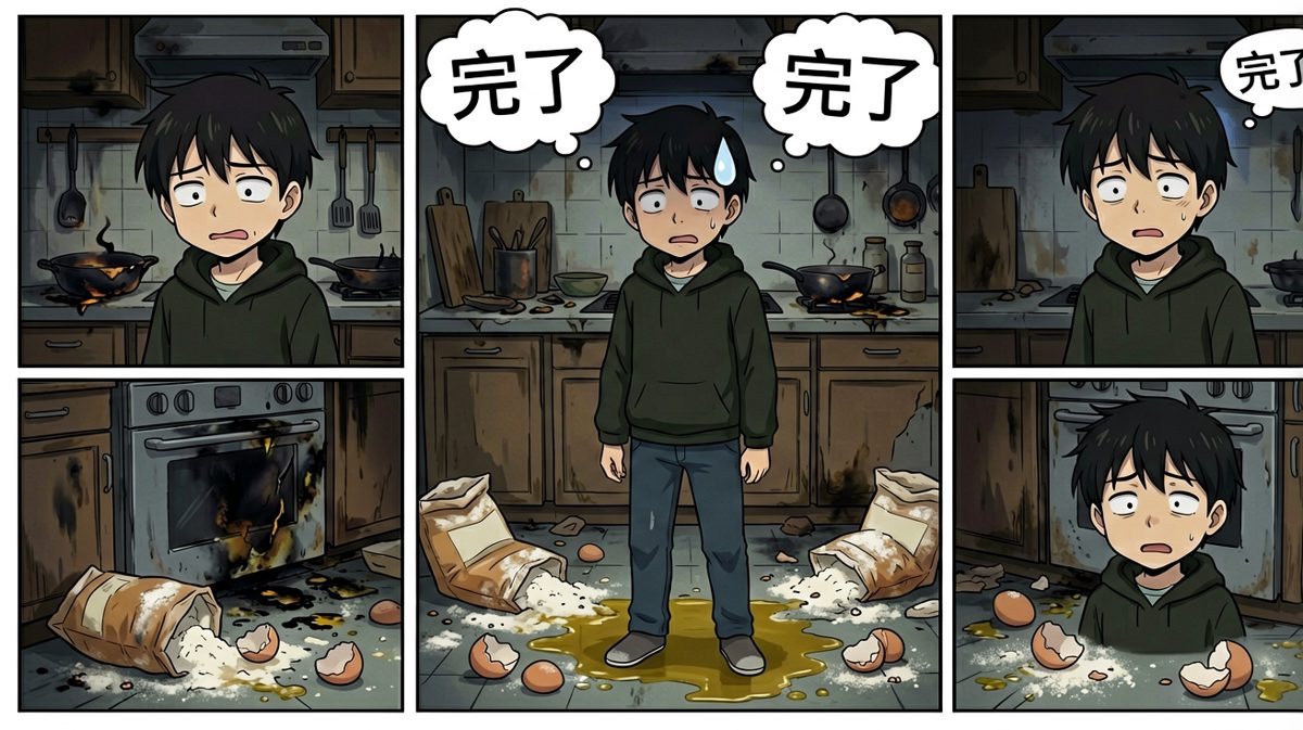 面对废墟般的厨房，陷入呆滞