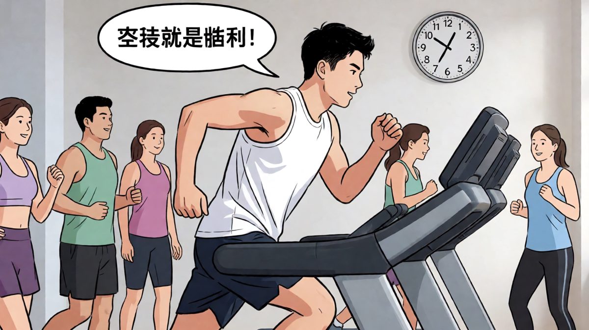 咬牙坚持了半小时，主角在跑步机上汗如雨下自我鼓励。