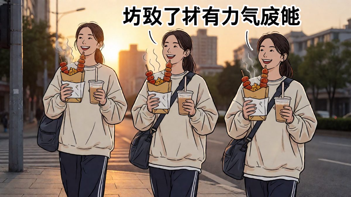 最终主角还是战胜了自律，在烧烤摊前实现了'吃饱再减'的人生哲学。