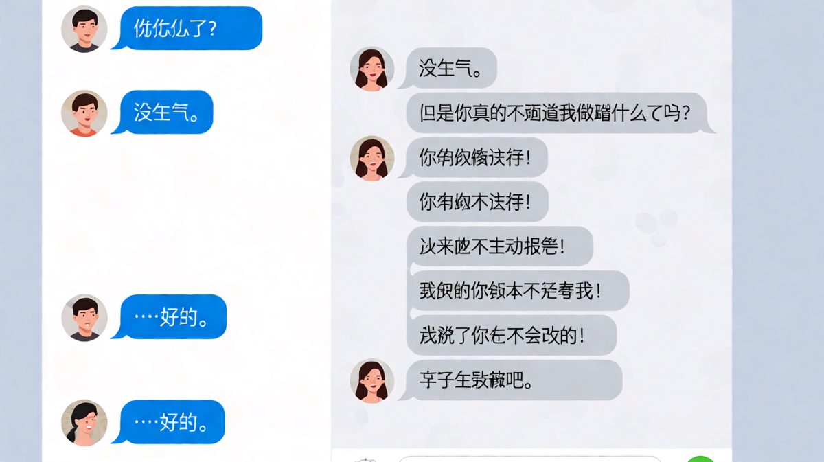'没生气'后面跟着七条小作文，男生直接摆烂。