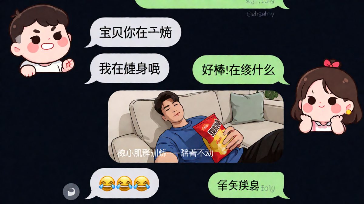 健身人设崩塌：嘴上说核心训练，实际是躺平吃薯片