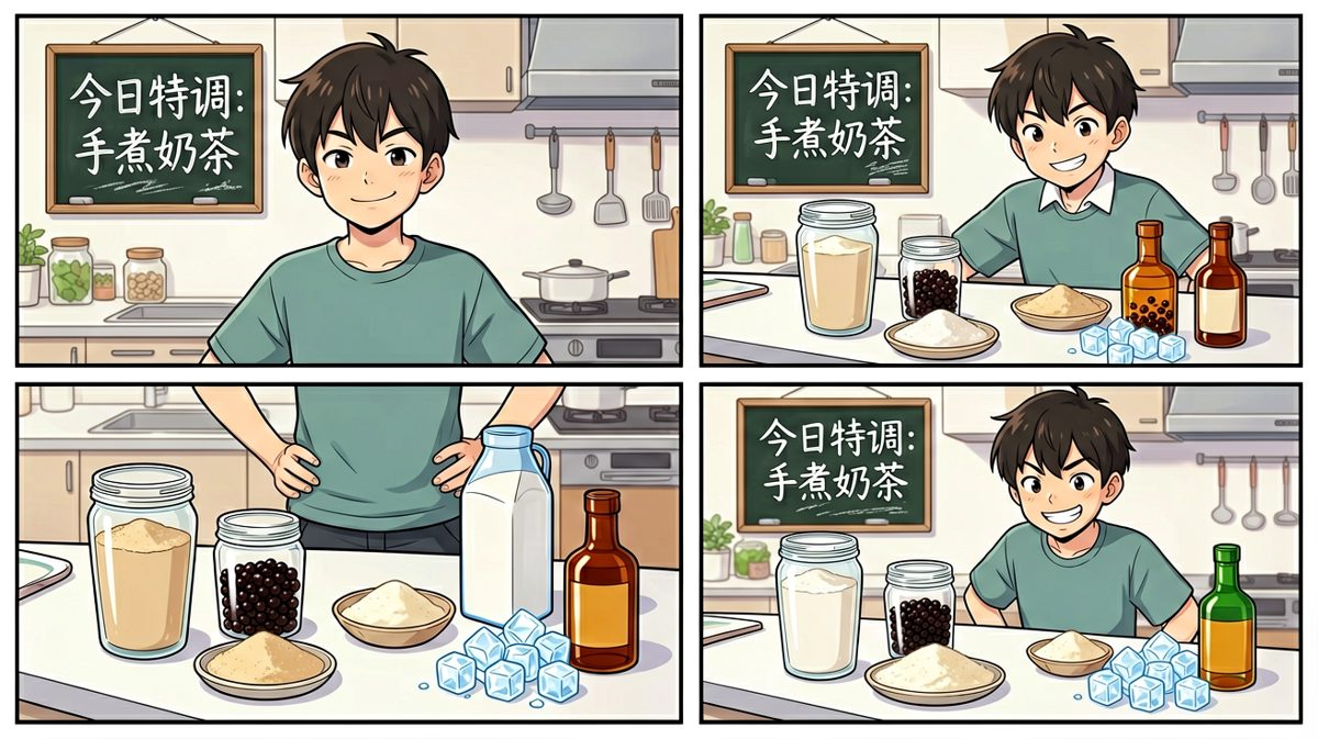 第一格：信心爆棚，材料齐全，今天我要征服奶茶界！