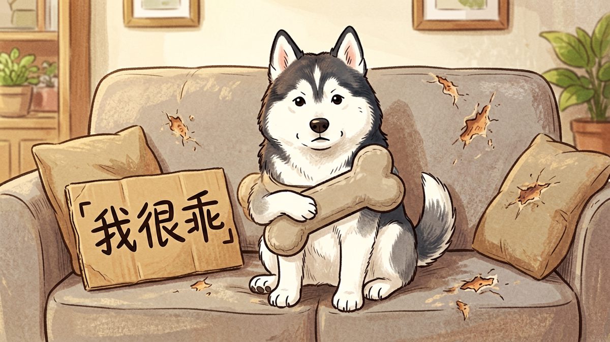 纸牌上面写着我很乖，但沙发不这么认为。