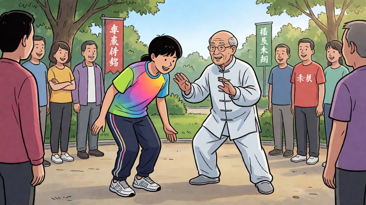 最后我默默加入晨练队伍，成了公园最菜的太极选手。