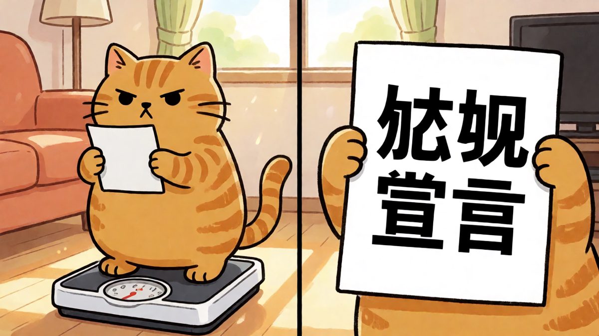 第一格：橘猫郑重宣布开始减肥