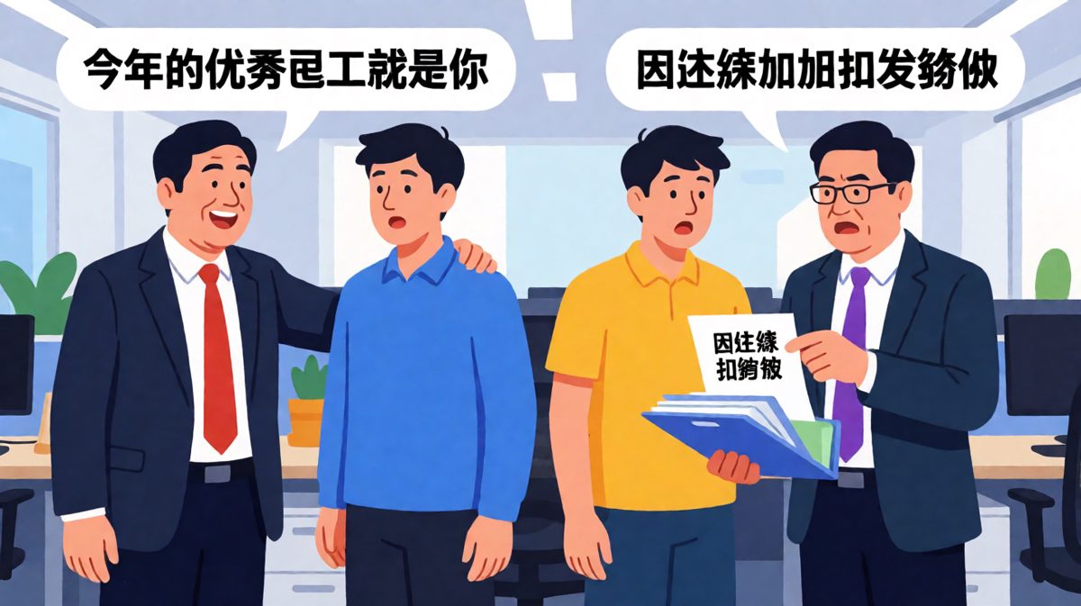 老板：今年优秀员工就是你！我：谢谢老板！老板：因为扣你绩效最多。