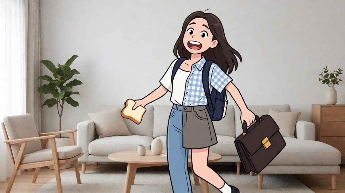 疯狂洗漱换装，以百米冲刺的速度出门