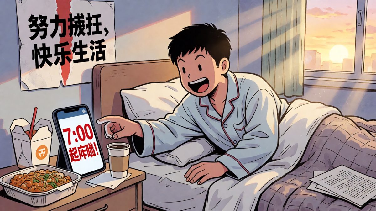 第一格：闹钟响了，小明选择性按掉继续睡