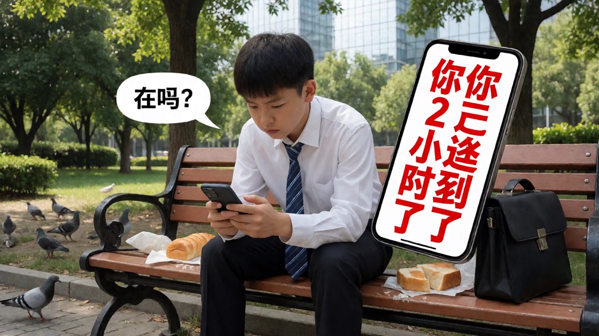 第四格：小明坐在路边，发现已迟到2小时