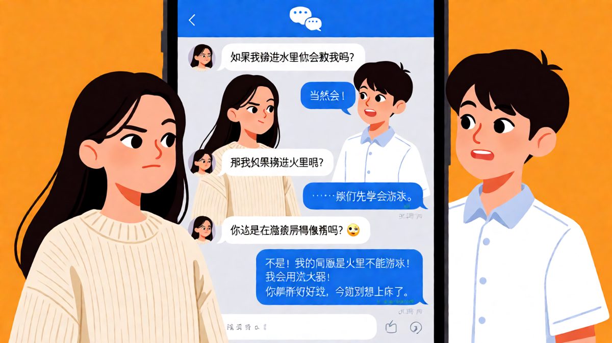 女生连环追问掉水掉火，男生越解释越乱，最终被禁足。