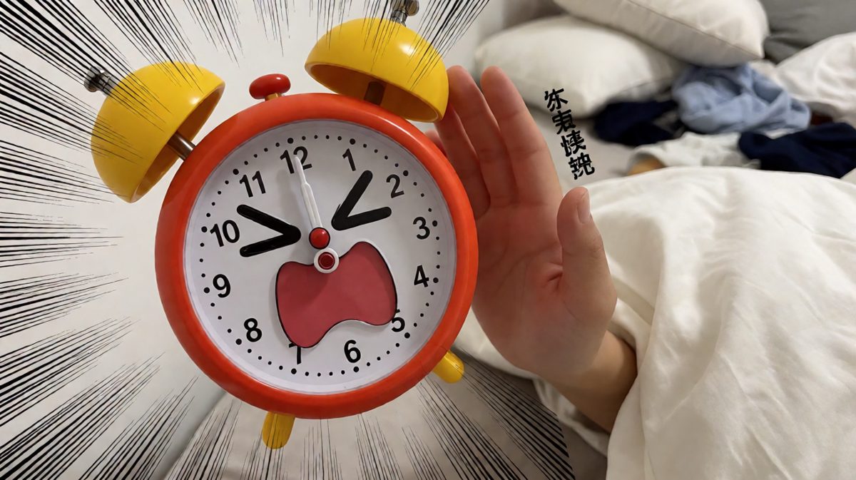 闹钟响起，主角的第一反应是伸手拍停，但每次都拍空，闹钟依然锲而不舍地响。