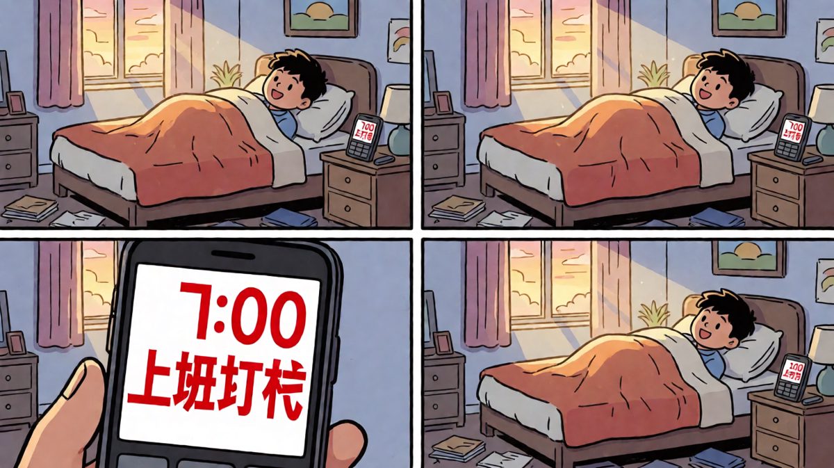 闹钟响了，打工人的灵魂还在床上挣扎。