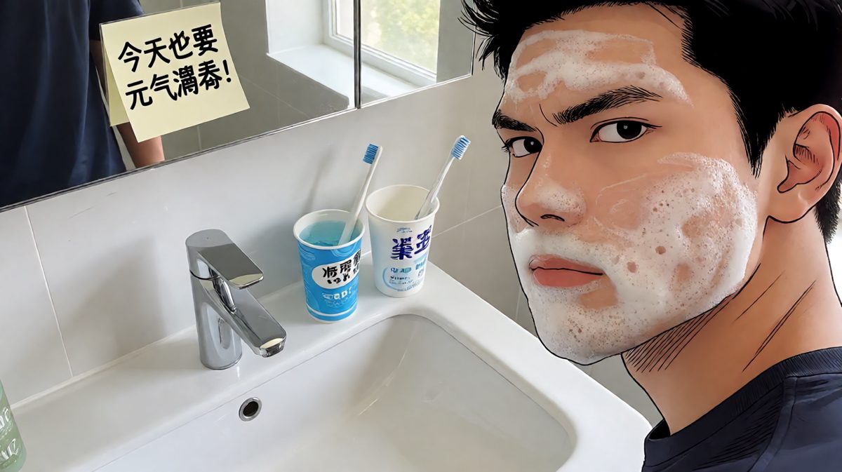 洗脸是日常最神圣的时刻，泡沫覆盖整张脸的社畜仿佛在进行某种神秘仪式。
