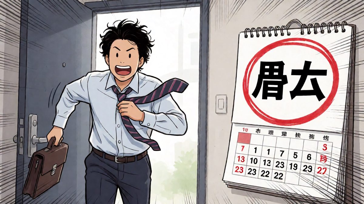主角狂奔出门，完全没注意到日历上的'周六'
